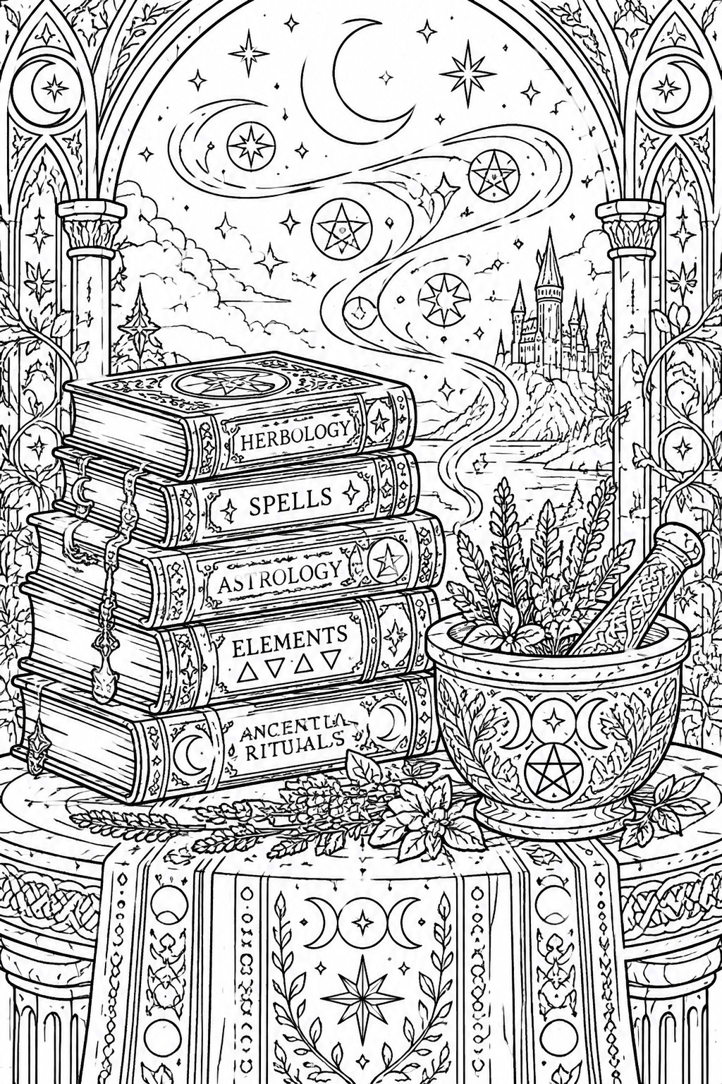 Magical books stacked beside mortar and pestle on ornate table under starry castle sky