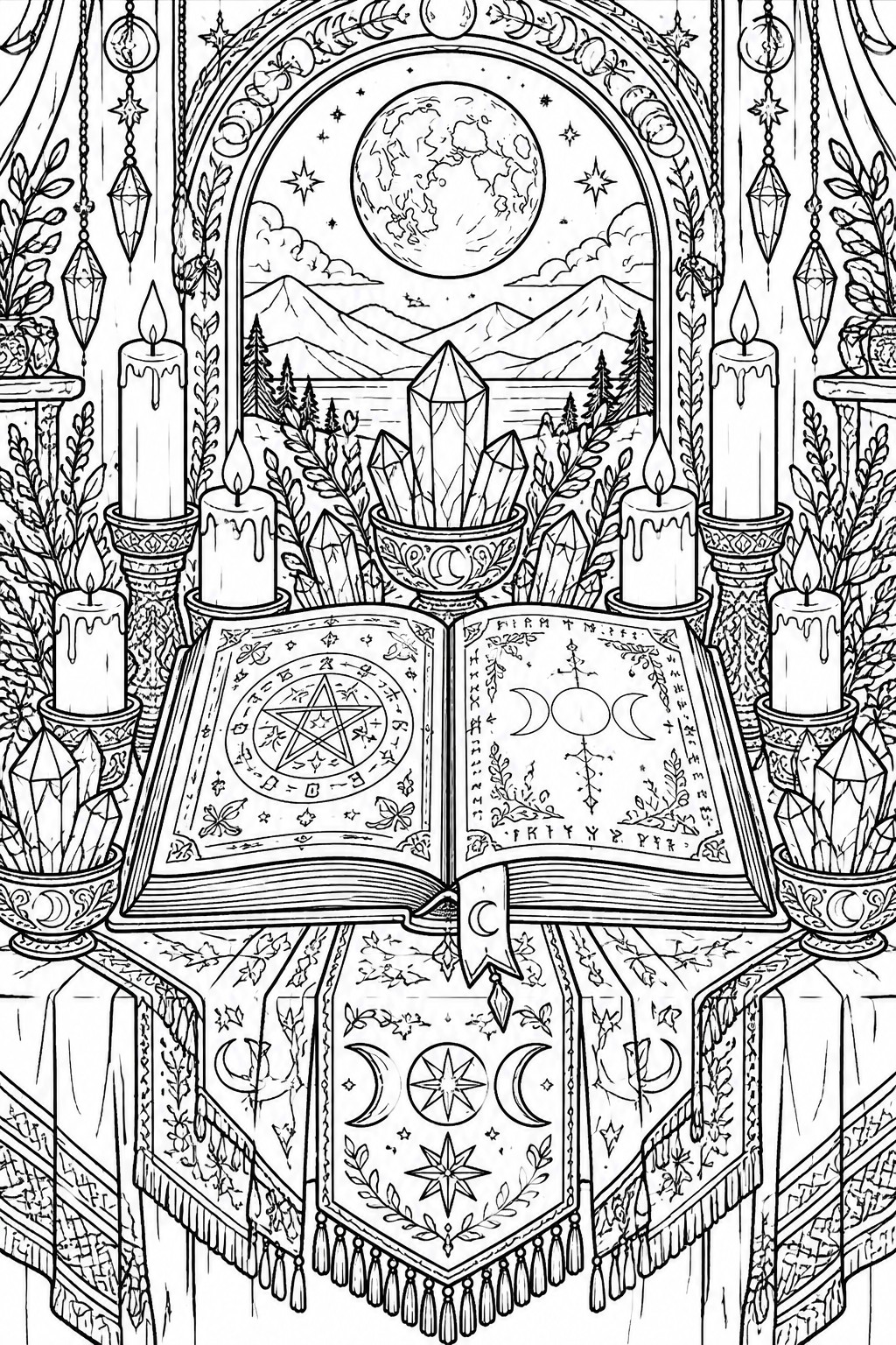 A detailed line drawing of an open spell book on an altar cloth, surrounded by candles and crystals, with a large moon visible through an arch in the background.