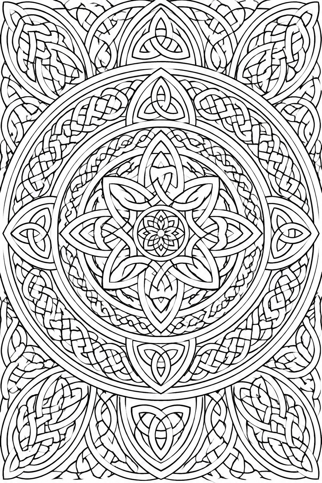 Intricate black and white Celtic mandala with layered knotwork and central floral motif