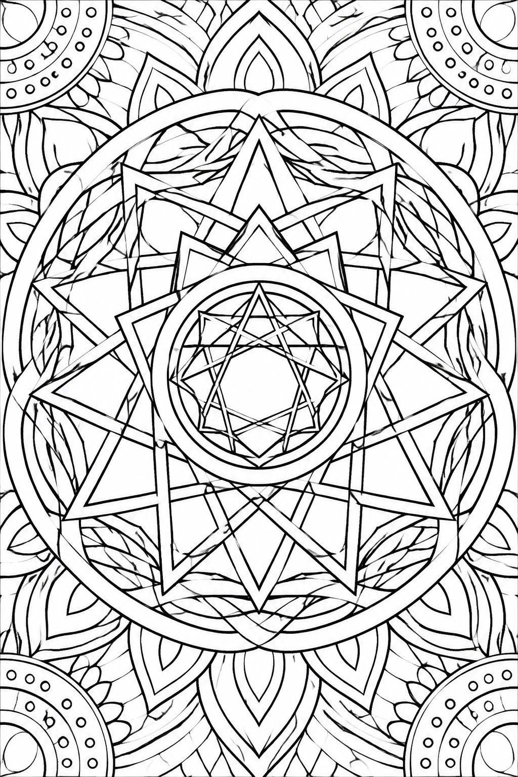 Intricate black-and-white mandala with central Star of David, triangles, and floral patterns.