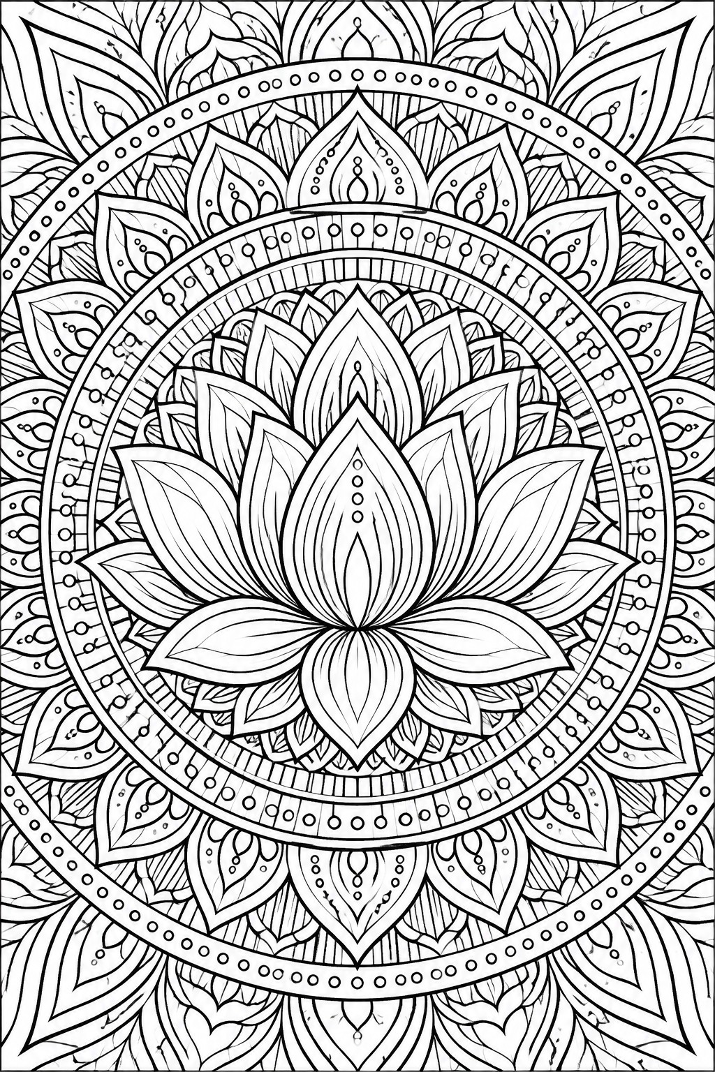 Intricate mandala coloring page with central lotus flower and circular patterns