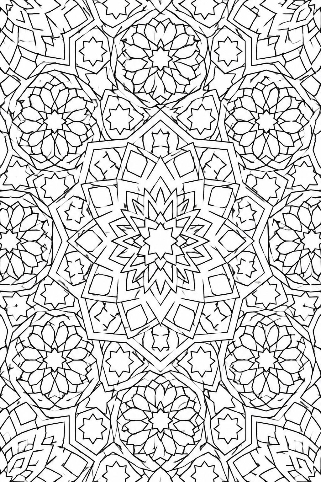 A black and white coloring page featuring a large central mandala with star and polygon patterns surrounded by smaller identical motifs.