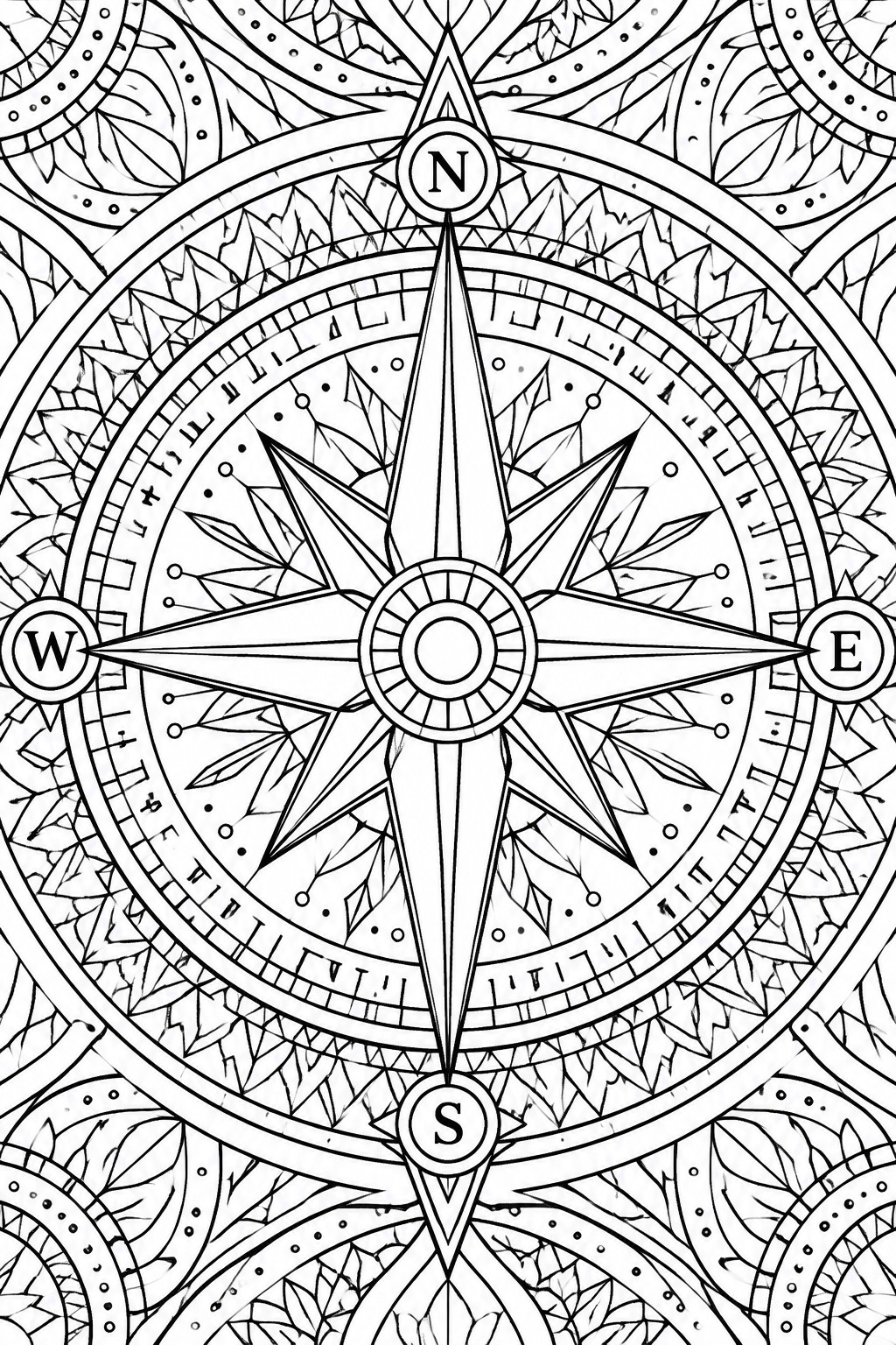 A black and white line drawing of a compass rose mandala with N S E W labels surrounded by symmetrical leaf patterns and geometric rings.