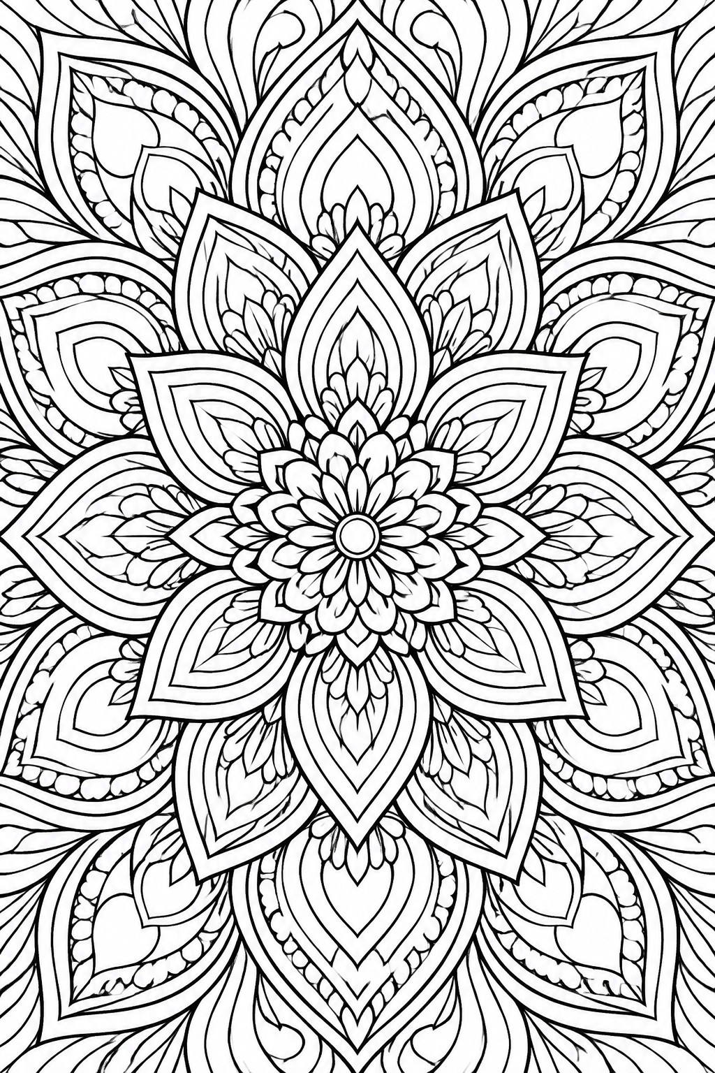 Intricate black-and-white mandala with floral petals, leaves, and symmetrical geometric patterns.