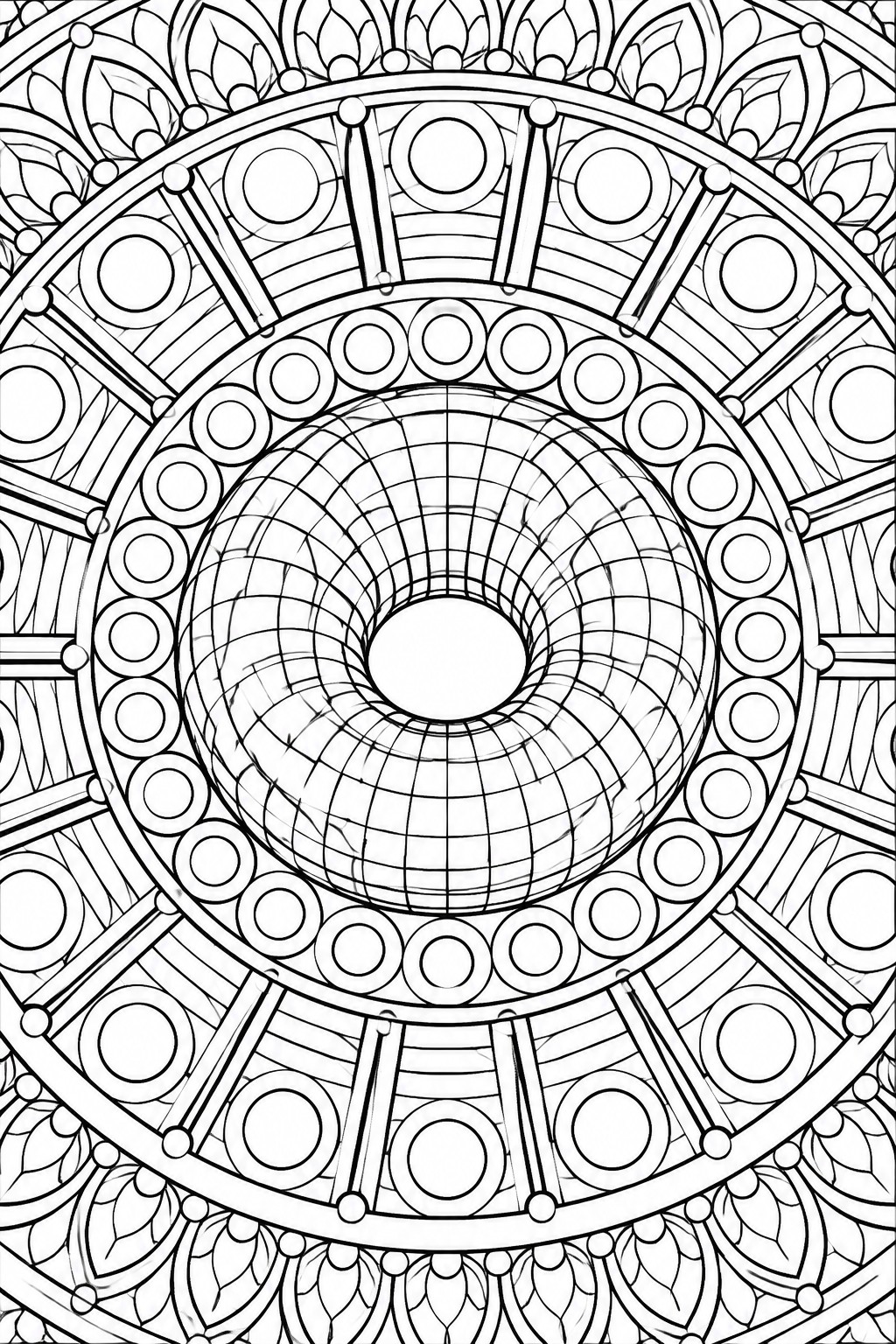 Intricate black and white mandala with concentric circles, geometric grids, and leaf motifs.