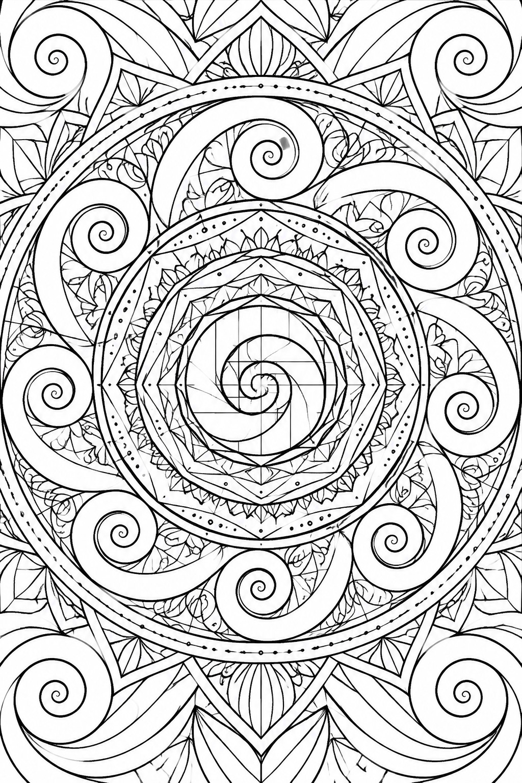 Intricate black-and-white mandala with spirals, dotted circles, leaves, and geometric layers.