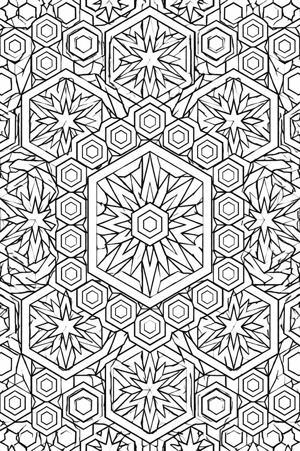 Intricate black-and-white geometric pattern of hexagons and multi-pointed stars