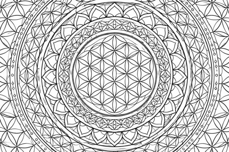 24 Sacred Geometry Mandala Coloring Pages With Precise Symmetrical Forms Intricate black-and-white mandala with concentric floral patterns and geometric designs.