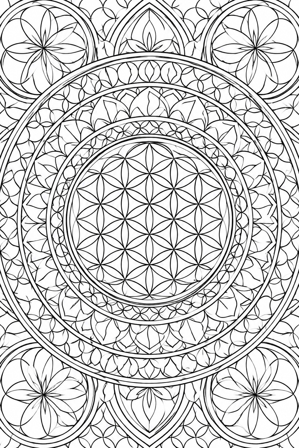 Intricate black-and-white mandala with concentric floral patterns and geometric designs.