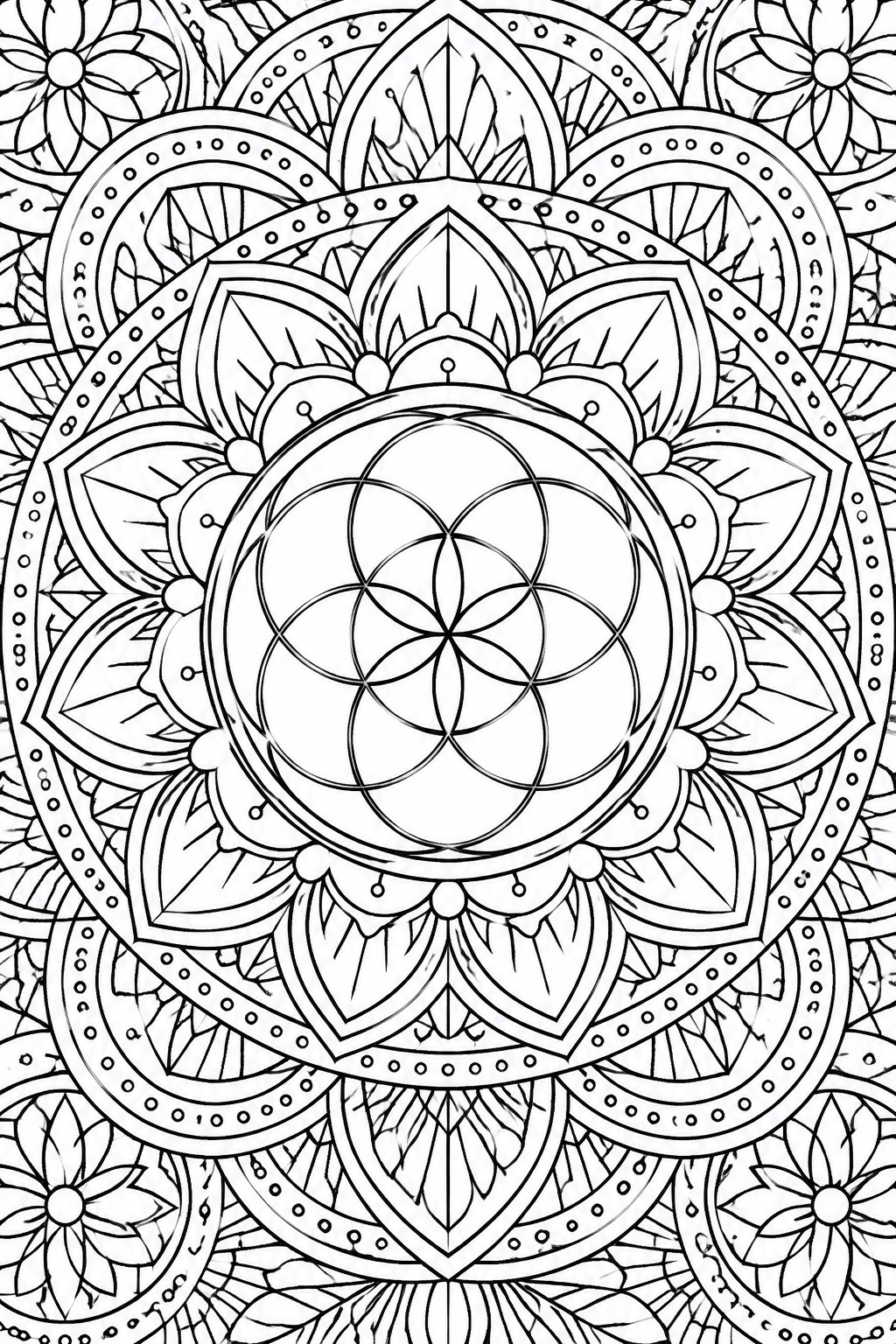 Intricate black-and-white mandala with central geometric flower, layered petals, and dotted borders.