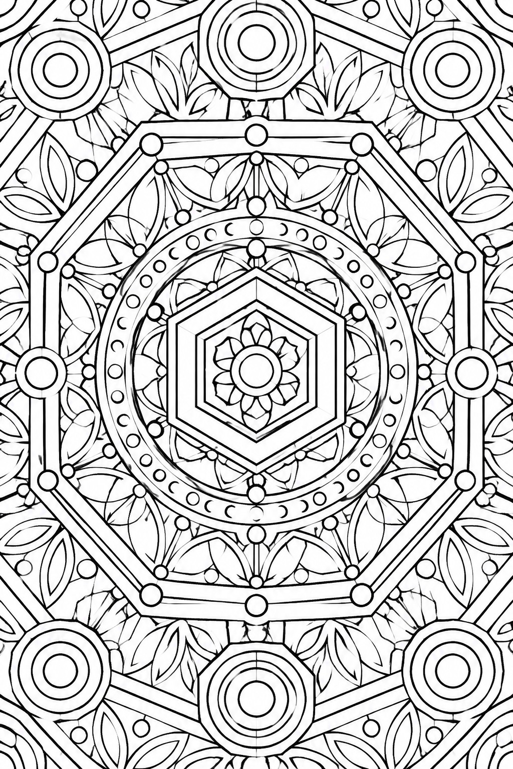 Intricate black-and-white mandala with geometric circles, hexagons, and leafy patterns
