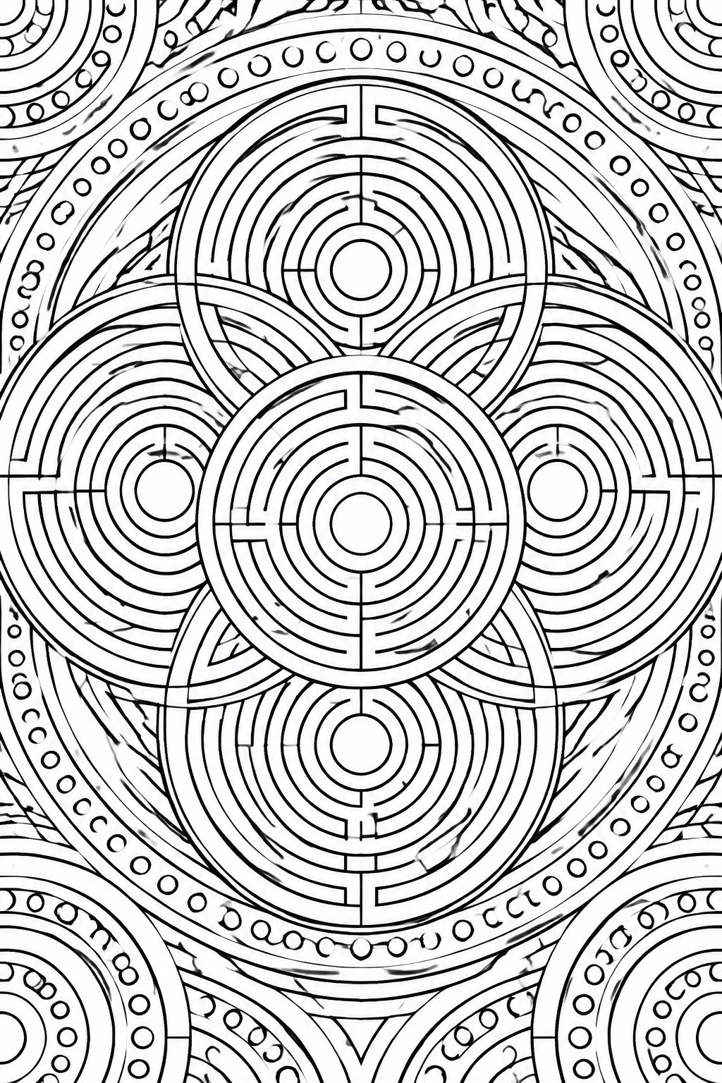 Intricate black and white mandala of overlapping circular labyrinths in symmetrical design