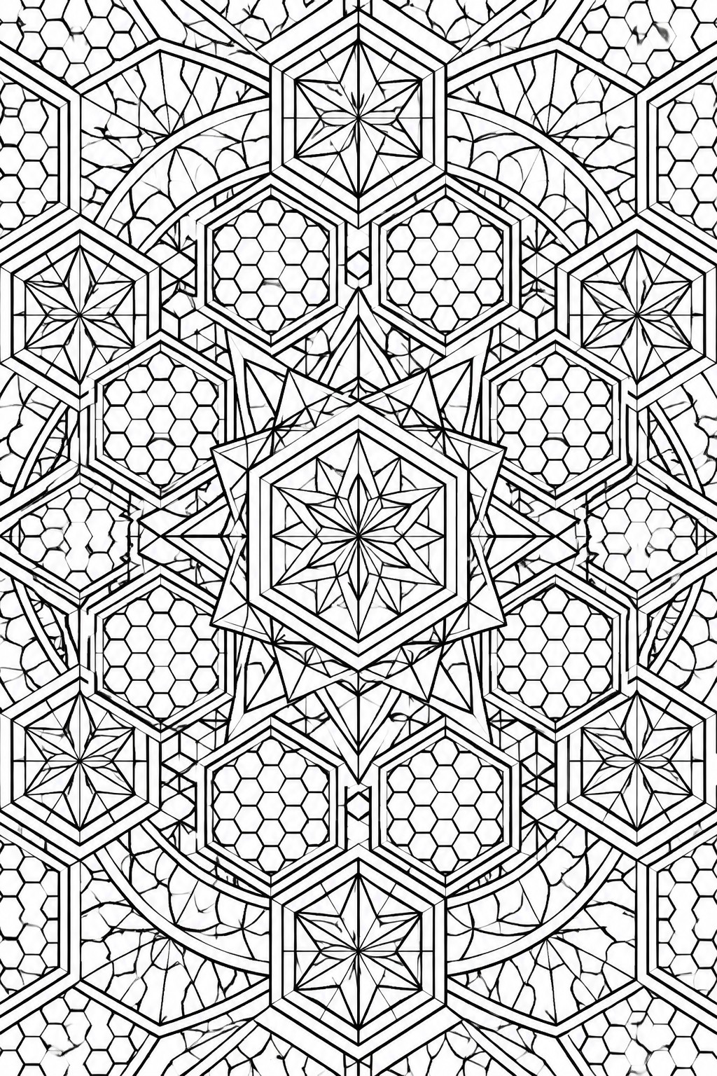 Black and white mandala coloring page filled with symmetrical hexagons, stars, and geometric patterns.