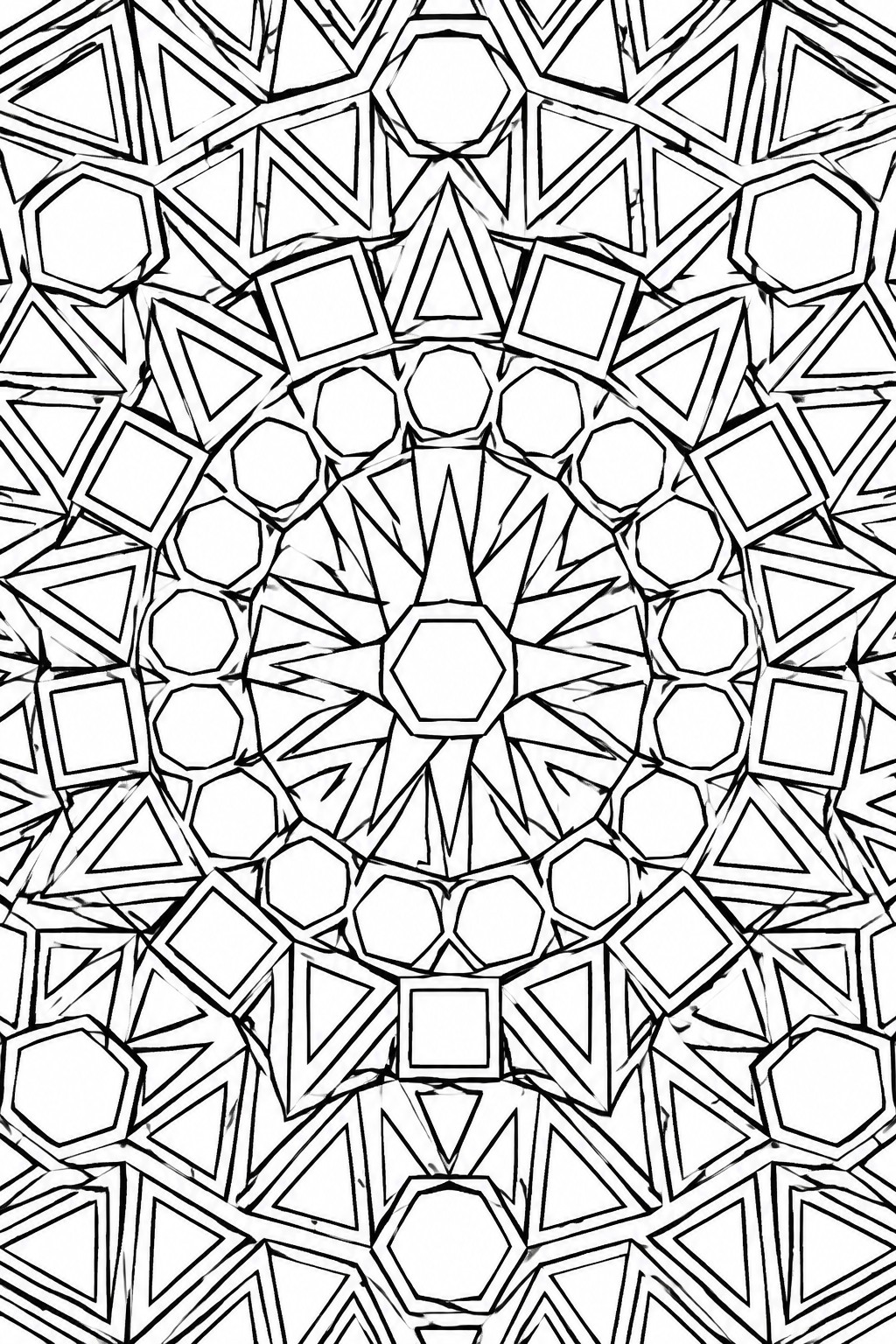 Intricate black-and-white geometric mandala of interlocking hexagons, triangles, and stars.