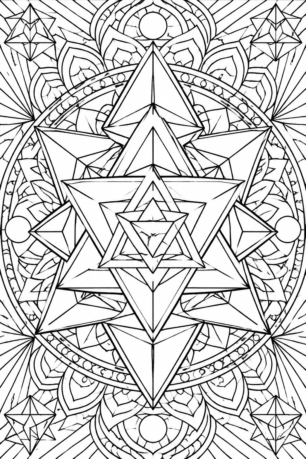 A black and white coloring page of a sacred geometry mandala centered on a Star of David with surrounding geometric patterns and smaller stars.
