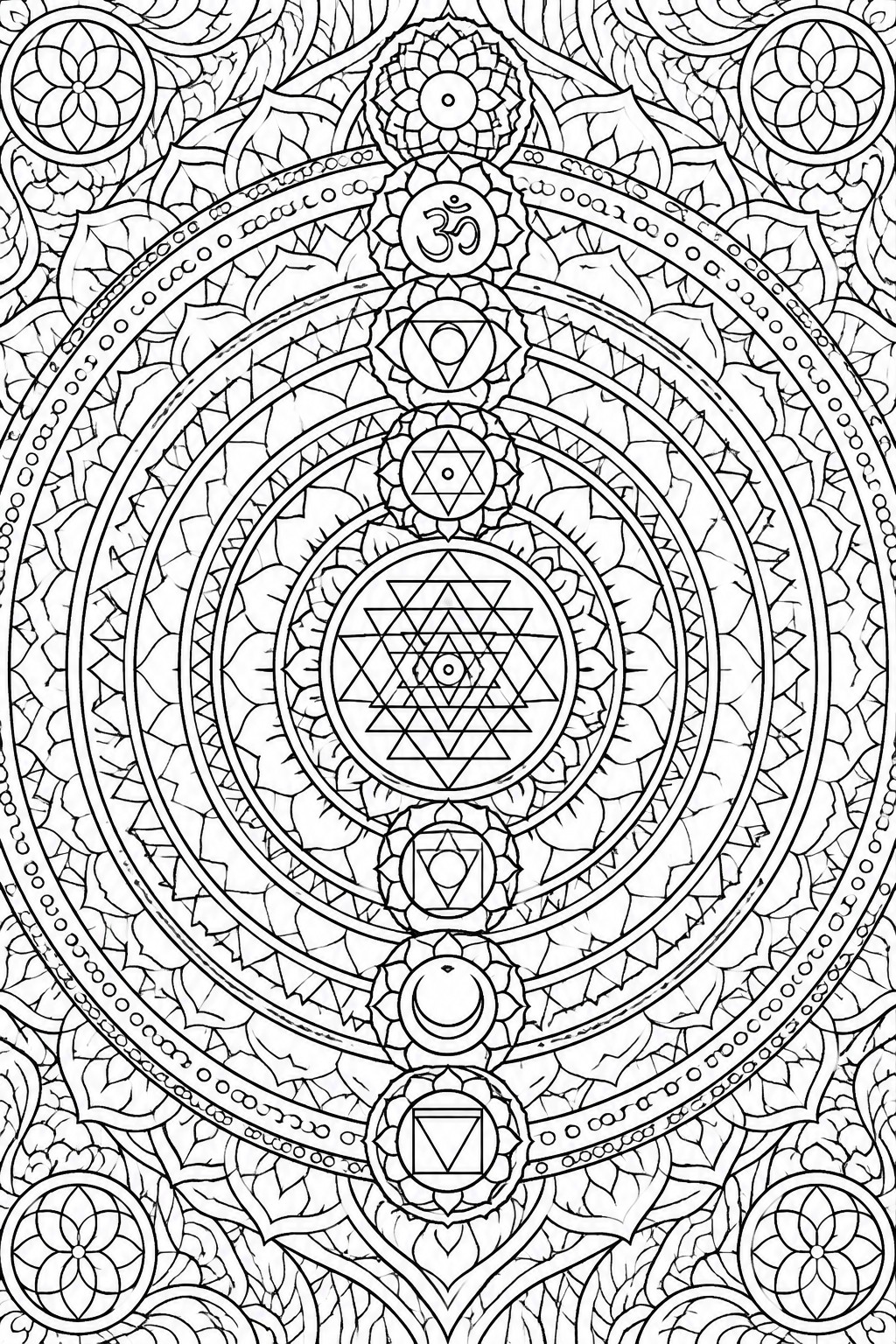 A black and white mandala coloring page with a central Sri Yantra, chakra symbols, and concentric floral rings.