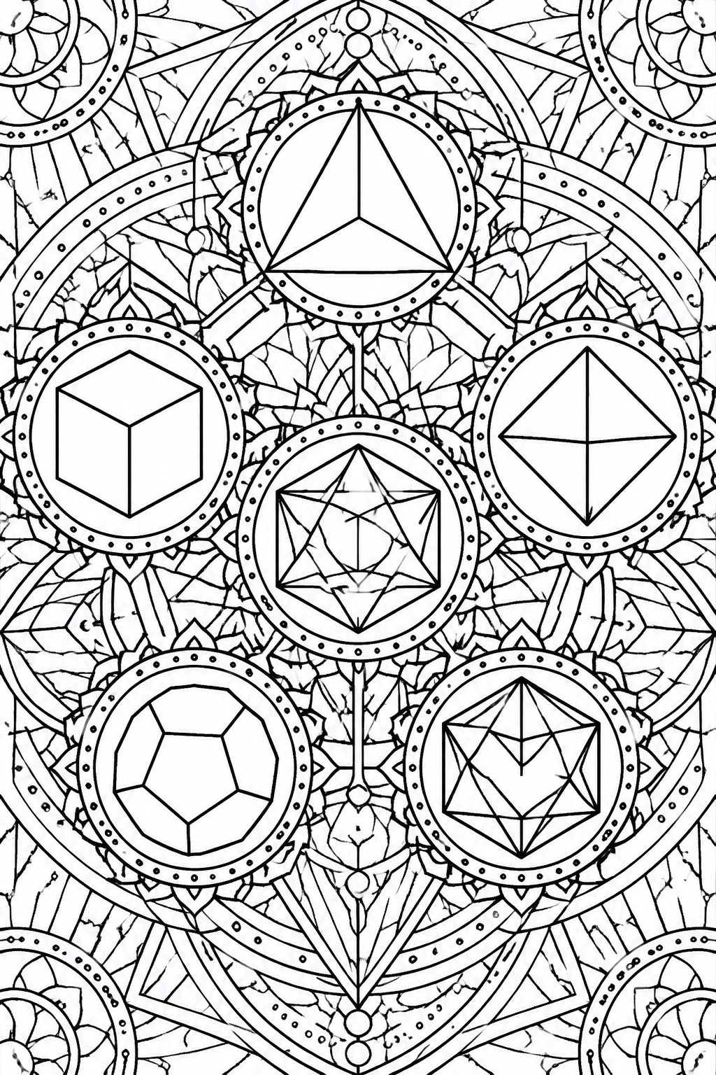 Intricate black-and-white mandala with geometric shapes: triangles, hexagons, stars, and cubes.