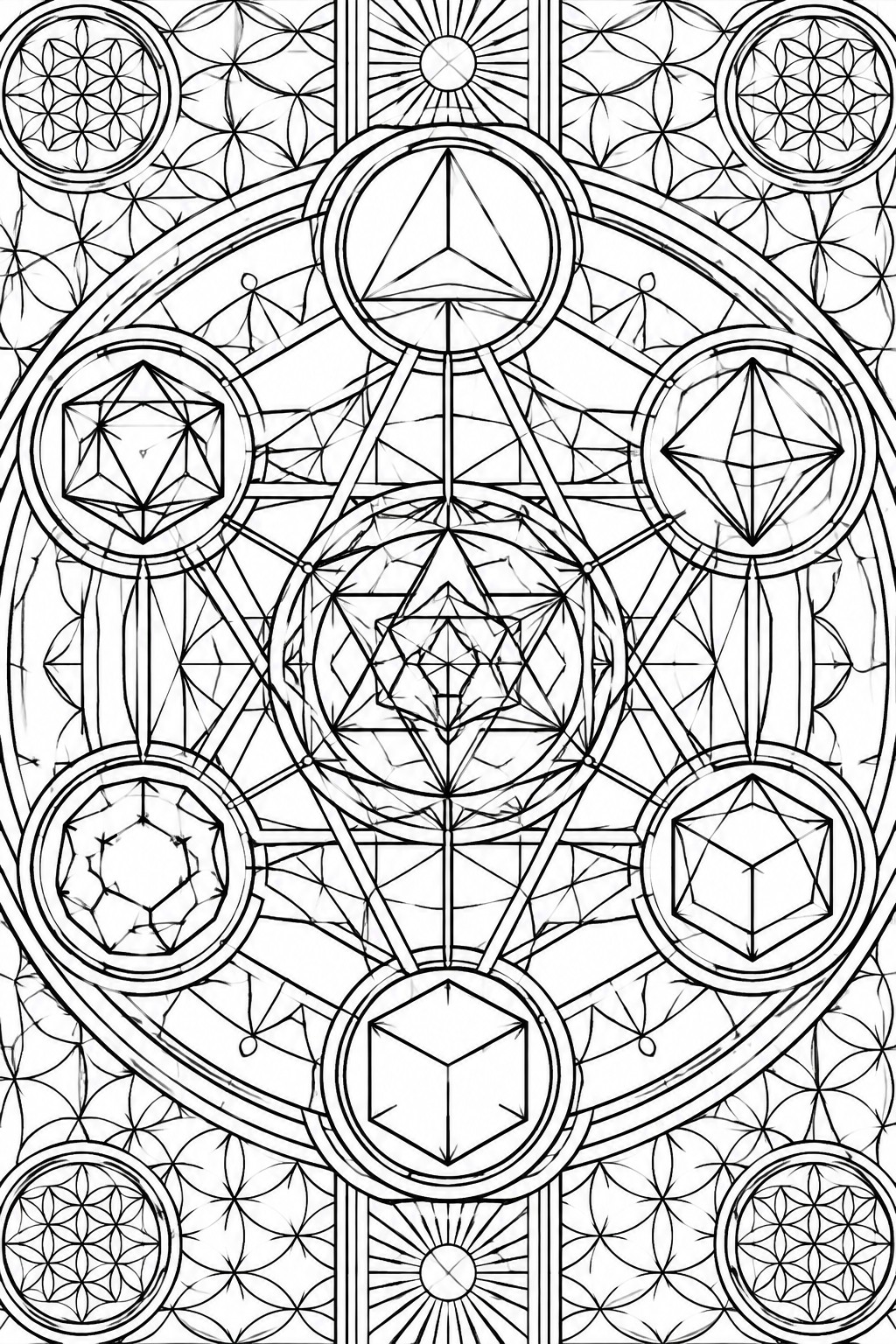Intricate black-and-white sacred geometry mandala with polyhedra, stars, and connected circles