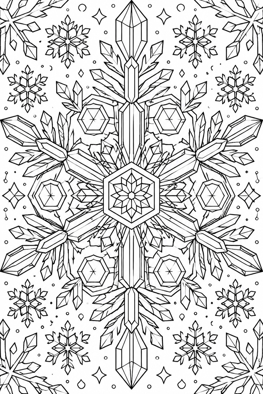 A black and white coloring page showing a large central snowflake mandala made of crystals and hexagons, surrounded by smaller snowflakes on a white background.