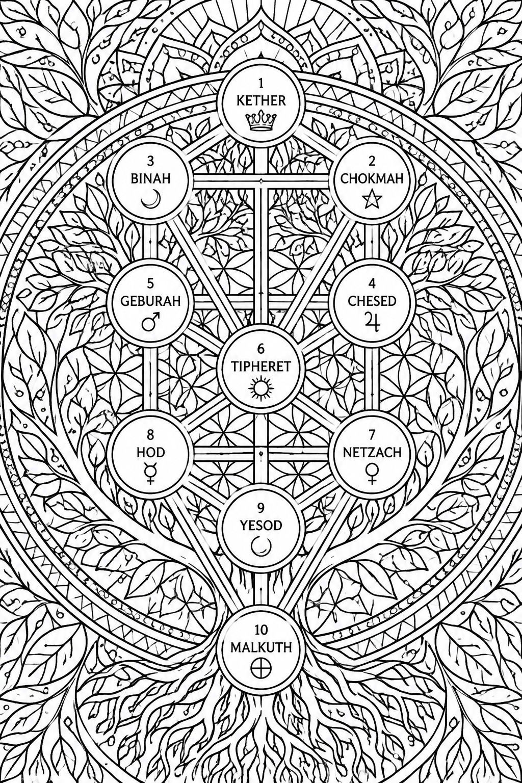 Black and white Tree of Life mandala with Sephirot labels amid leafy floral patterns.