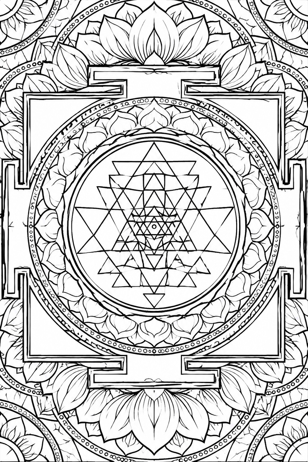 Intricate black-and-white mandala with lotus petals and central Sri Yantra geometry.
