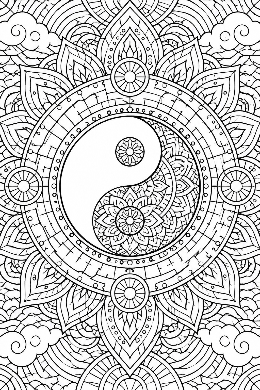 A black and white mandala coloring page with a central yin-yang symbol, lotus flowers, leaves, and circular geometric patterns.