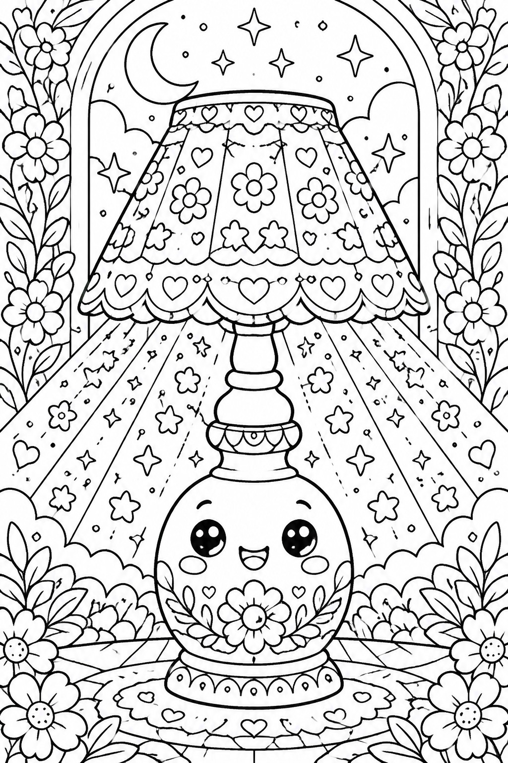 A black and white coloring page featuring a cute smiling lamp with a decorated shade, light rays, stars, a moon, and floral borders.