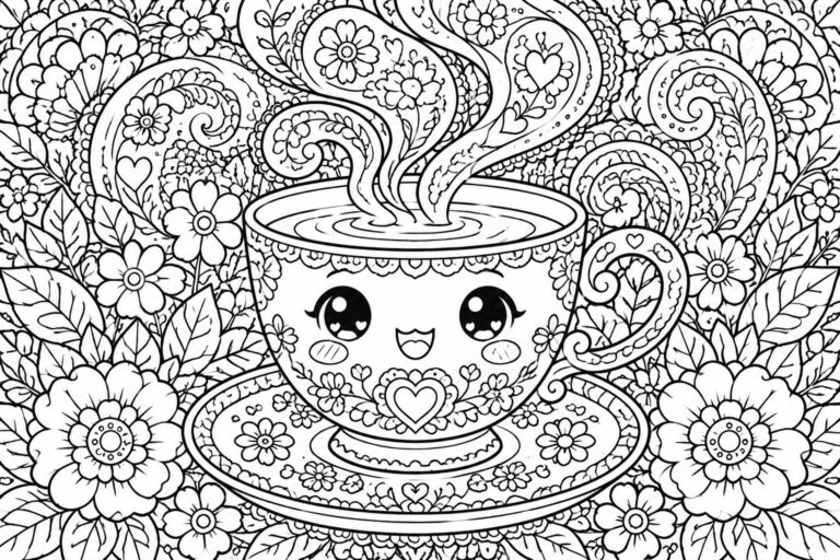 24 Whimsical Kawaii Coloring Pages for Adults Filled With Smiling Everyday Objects Cute cartoon teacup with smiling face, steam swirls, and floral patterns.