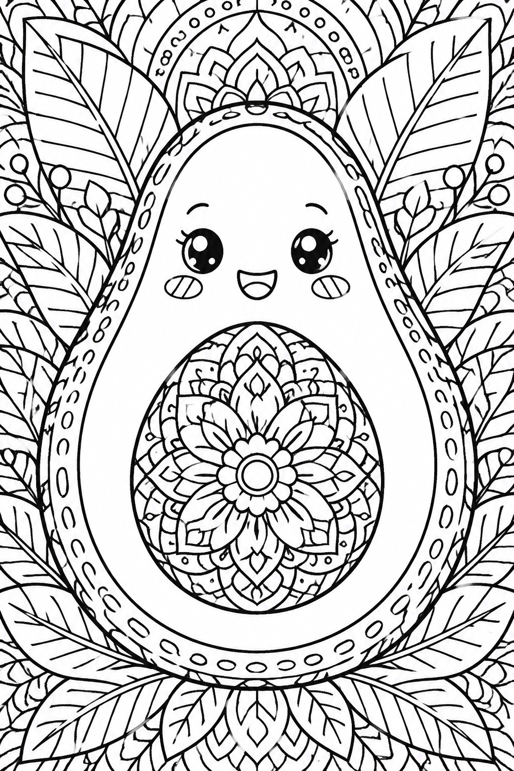 Kawaii avocado with smiling face, mandala pit, and leafy mandala background.