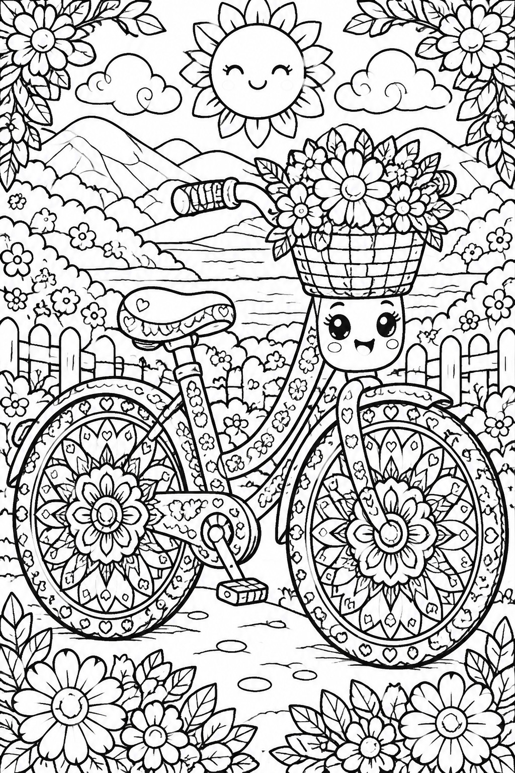Cute anthropomorphic bicycle with flower basket, mandala wheels, in sunny floral landscape