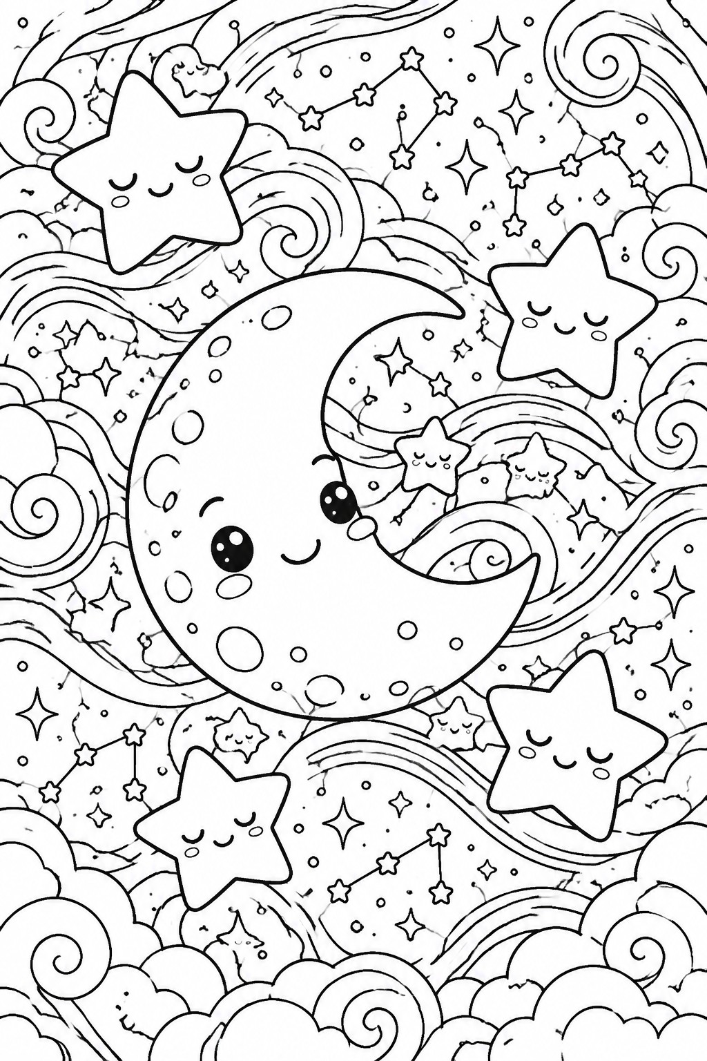 Kawaii coloring page of smiling crescent moon with cute stars and swirls