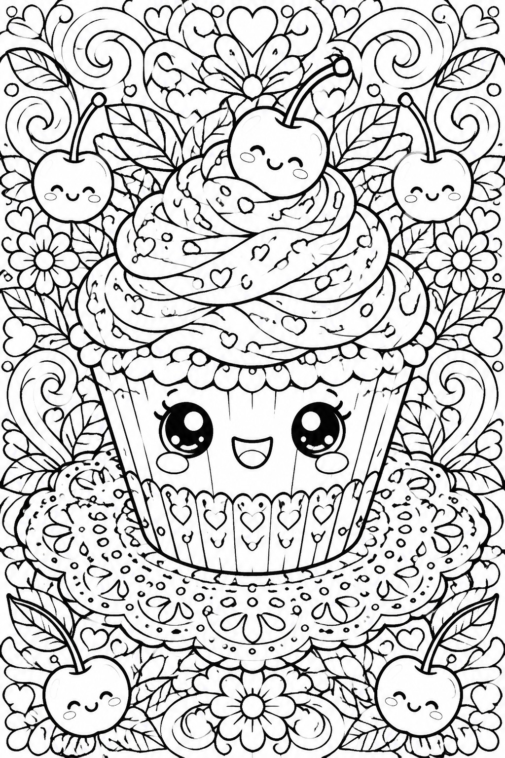 Kawaii cupcake with smiling face, cherries, hearts, flowers, and swirls in line art.