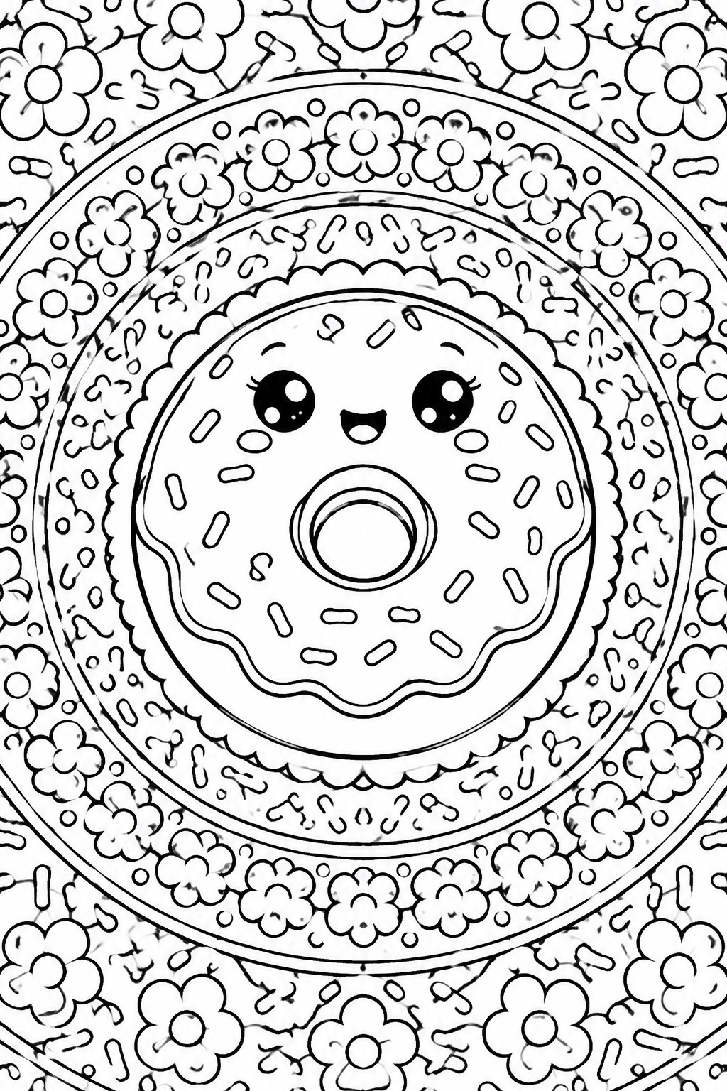 Cute cartoon donut with face and sprinkles in floral mandala circle