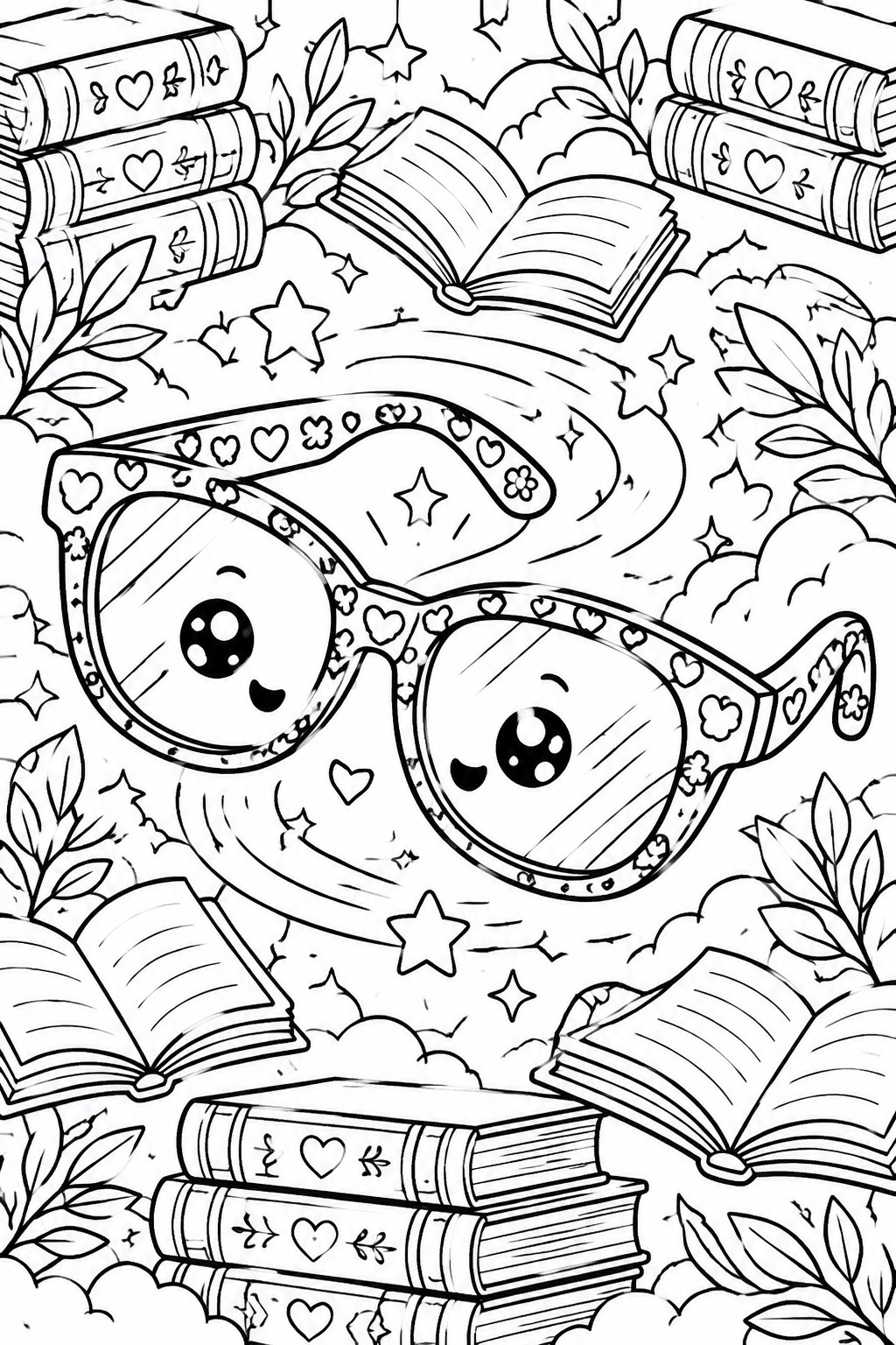 Cute decorated glasses with big eyes amid floating books, stars, and leaves