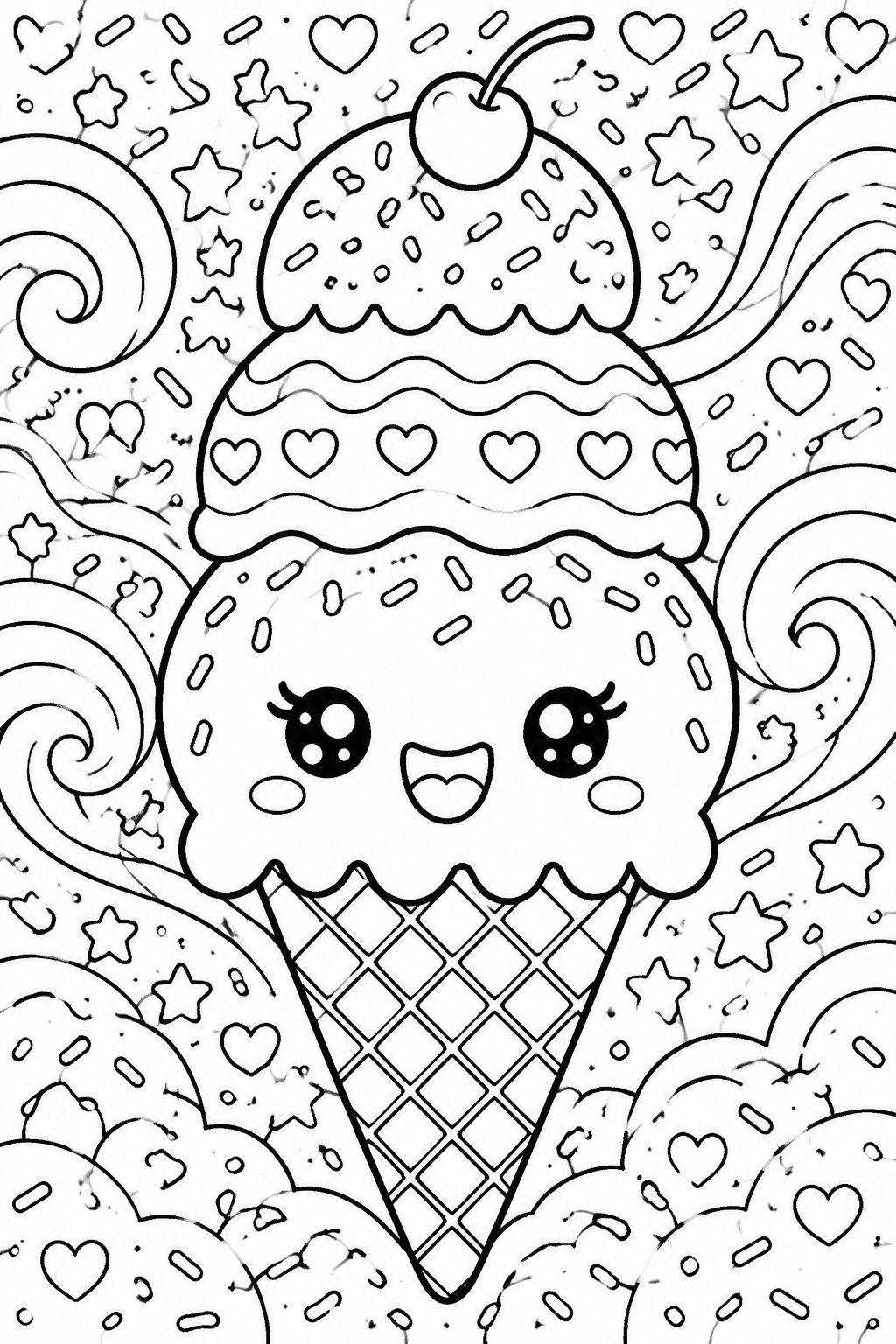 Kawaii ice cream cone with smiling face, cherry, hearts and stars background