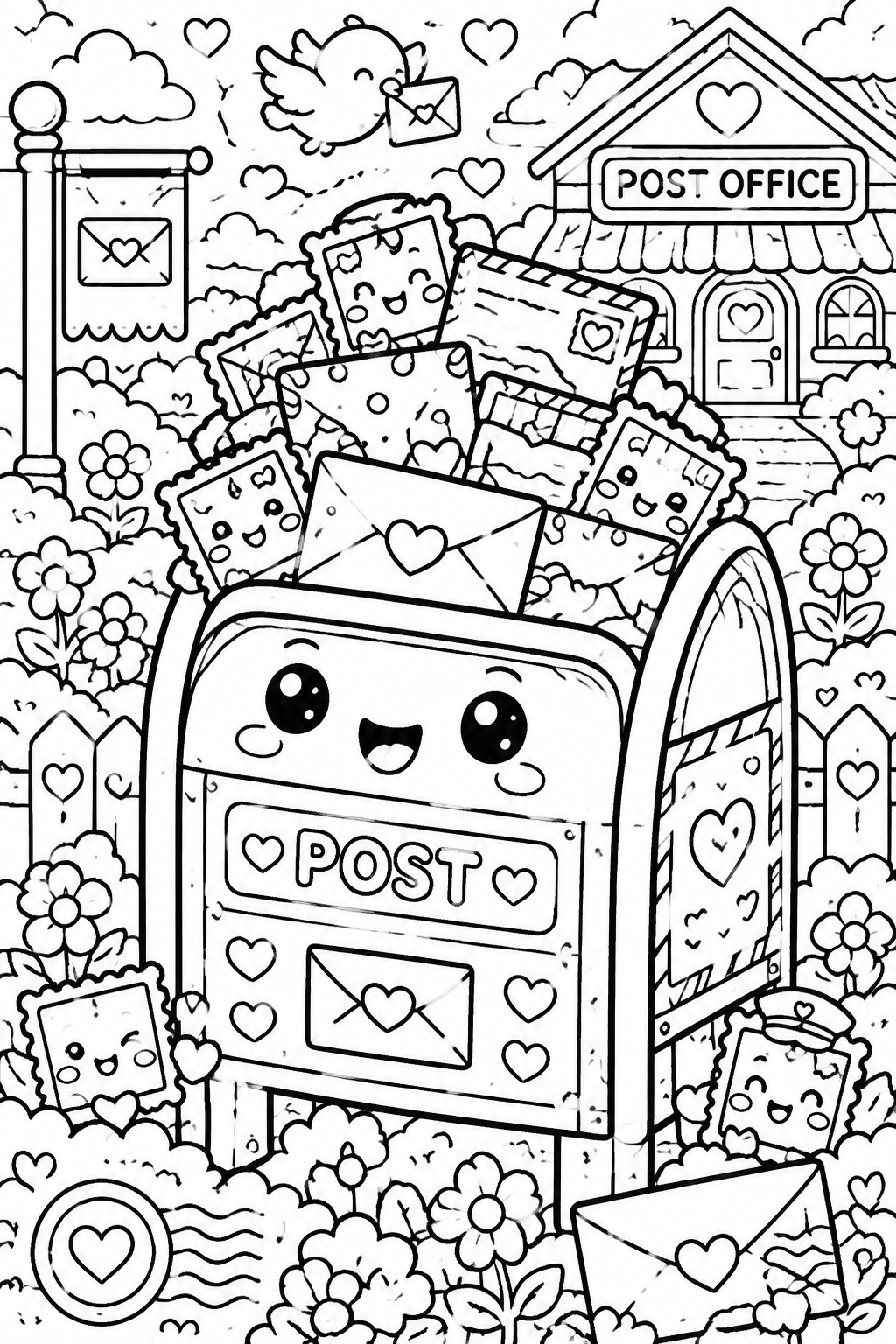 Adorable cartoon mailbox overflowing with smiling letters outside heart-themed post office