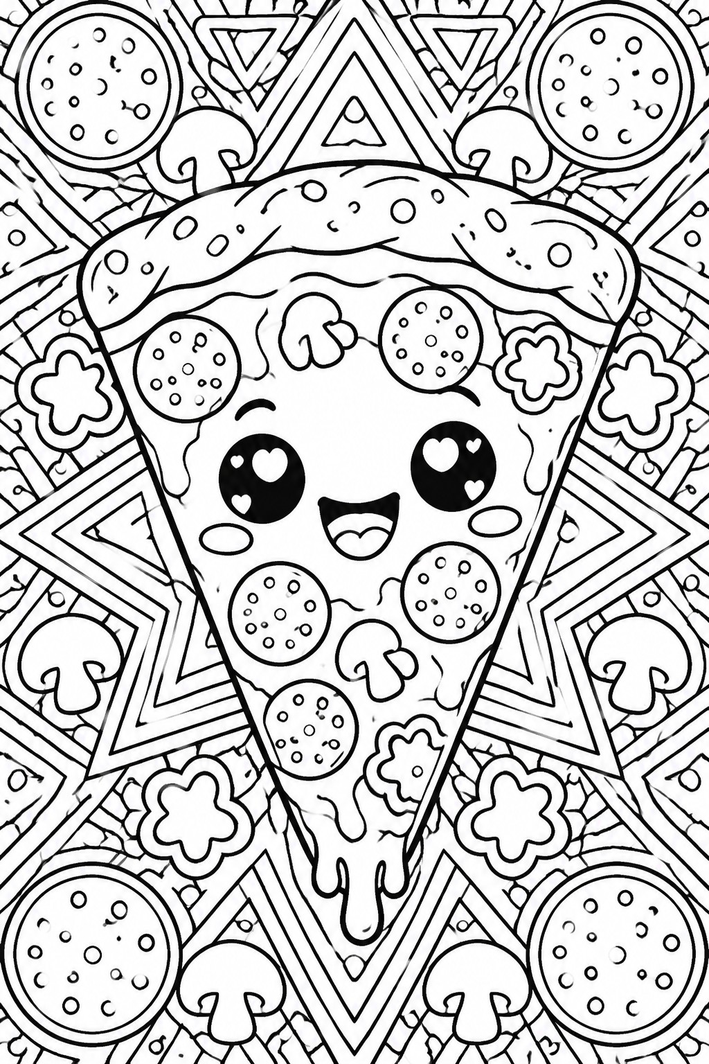 Kawaii pizza slice with heart eyes and smile amid geometric patterns and toppings