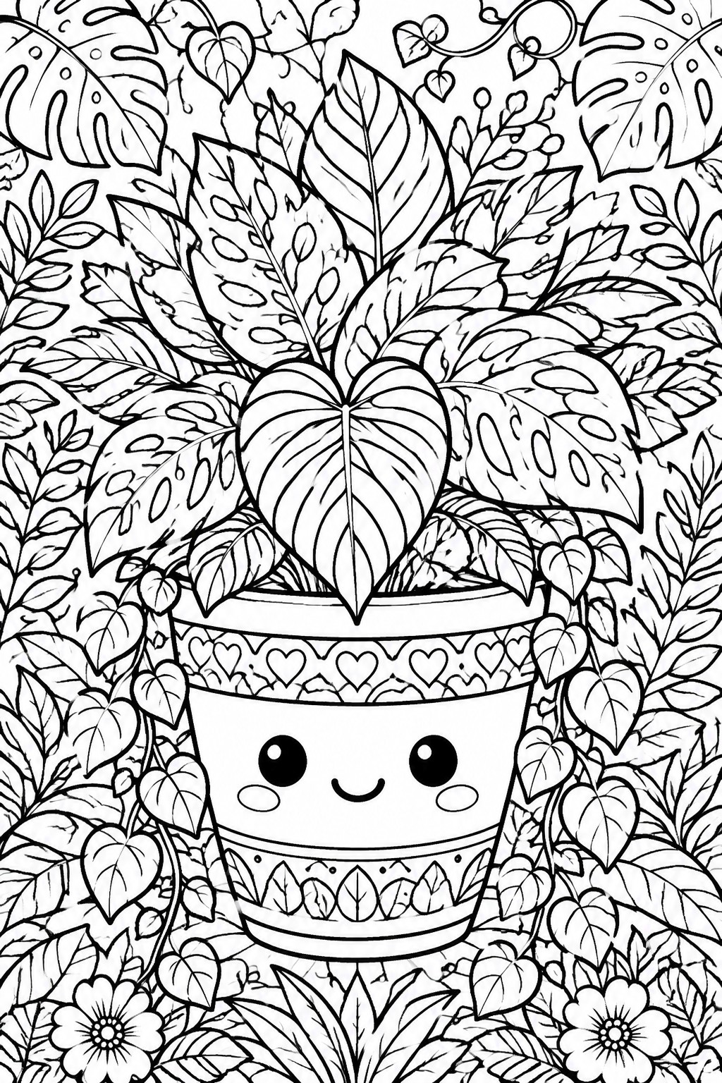 Cute smiling plant pot with heart leaf amid dense jungle foliage and flowers