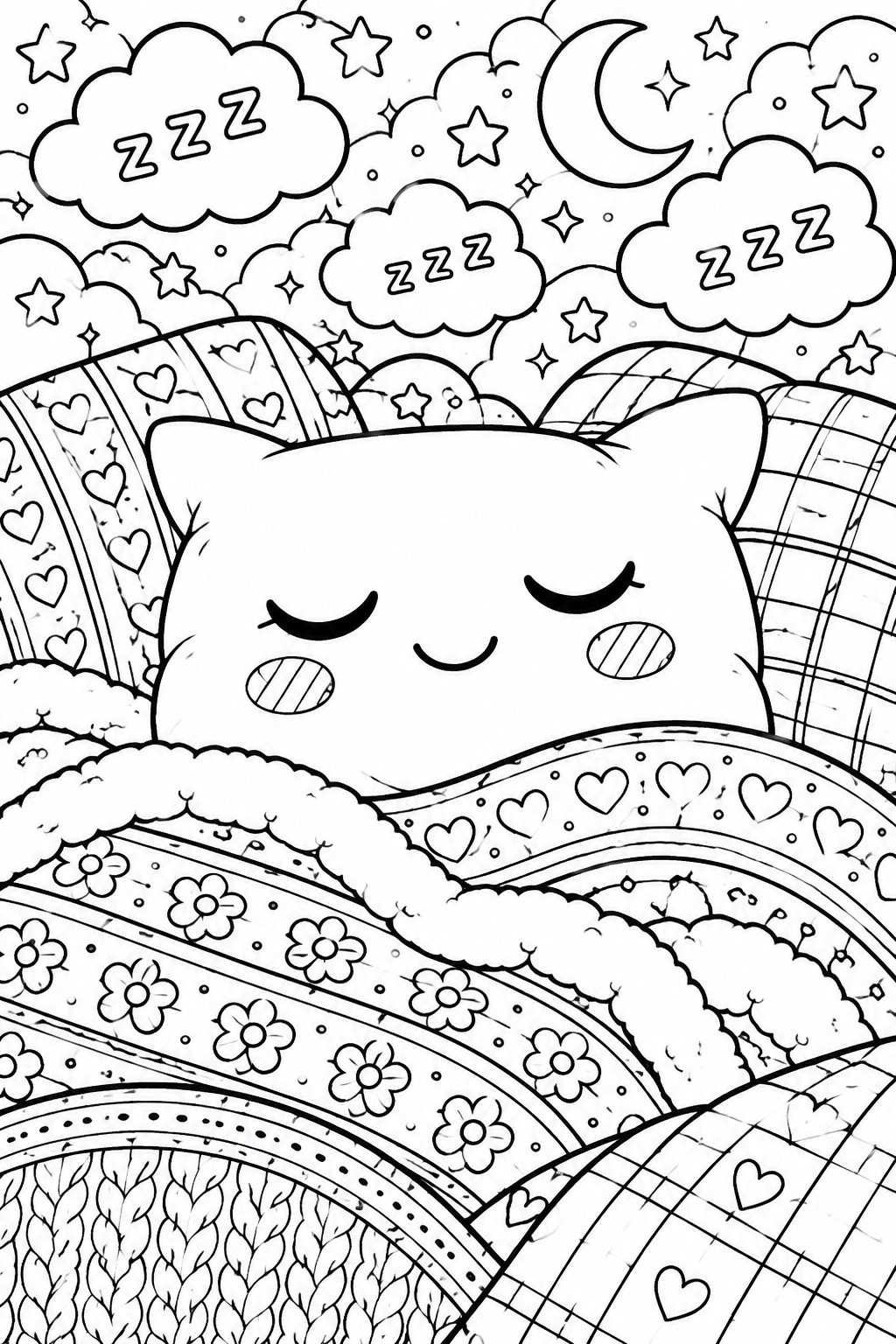 Sleeping cat in cozy bed with heart pillows, floral blankets, moon and starry night sky.