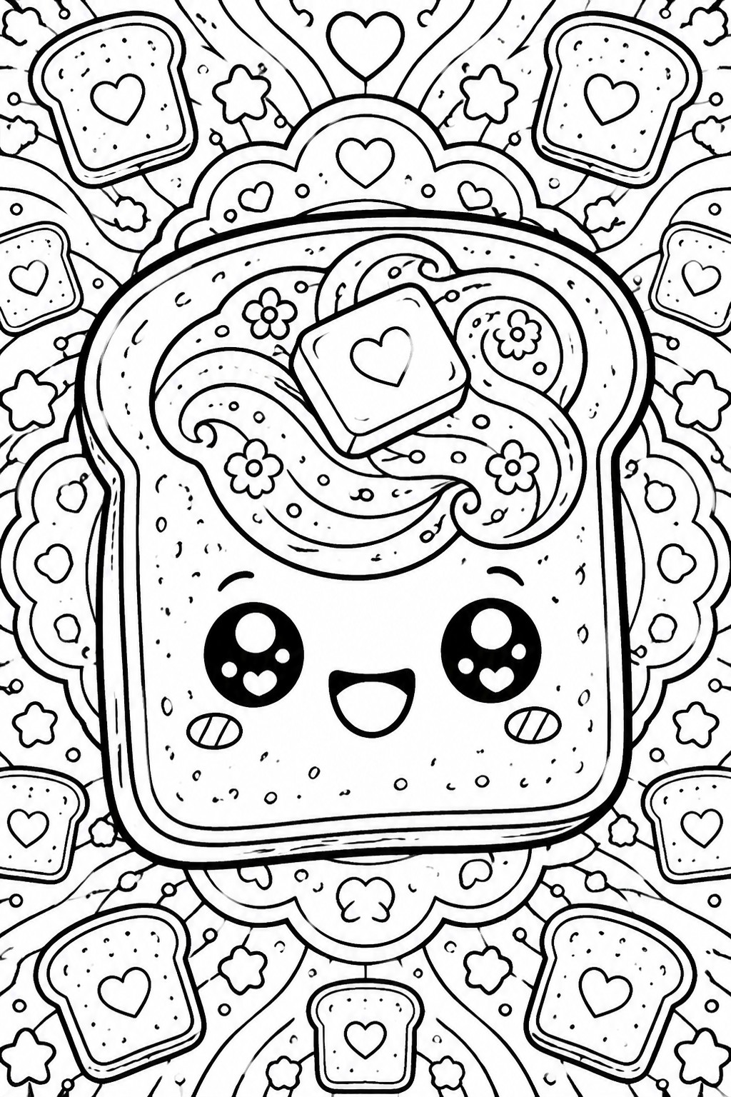 Kawaii toast with cute face and butter amid heart-patterned slices and stars