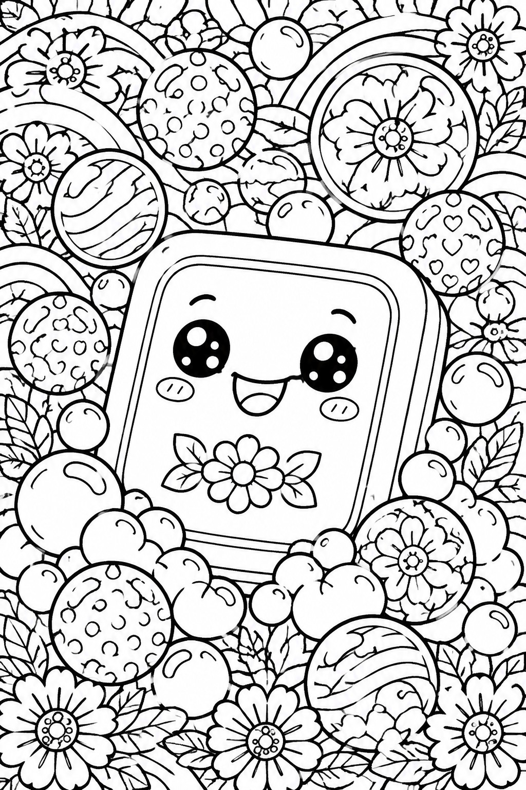 Smiling kawaii rectangle character amid flowers, planets, leaves, and circles in coloring page