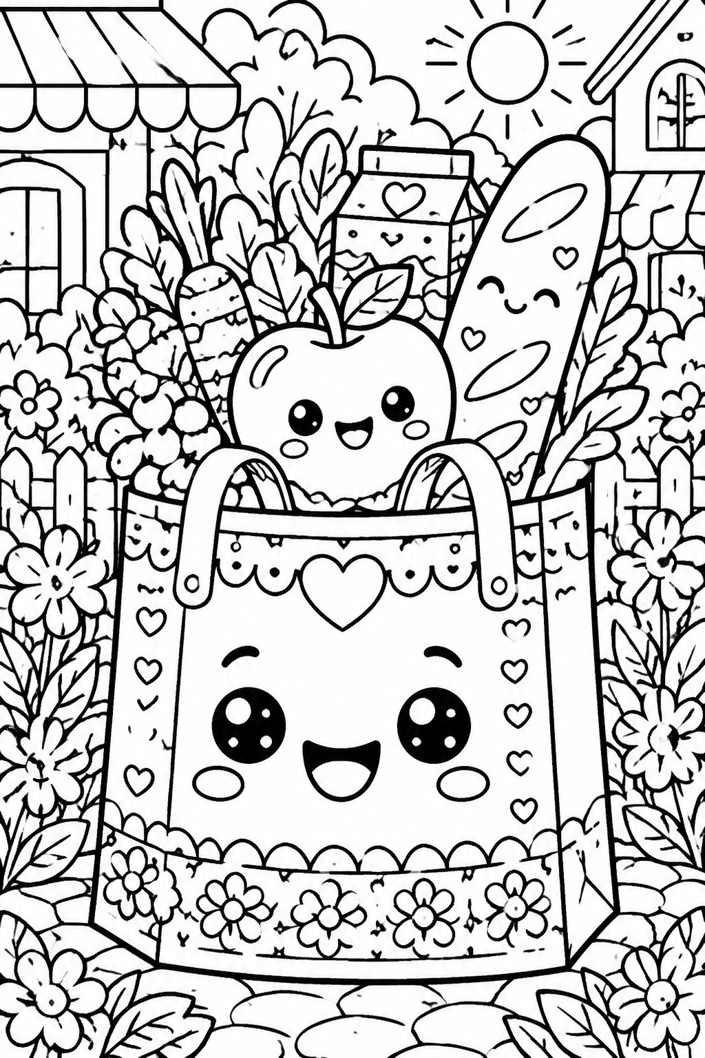 Coloring page of smiling tote bag with cute apple and baguette in sunny garden