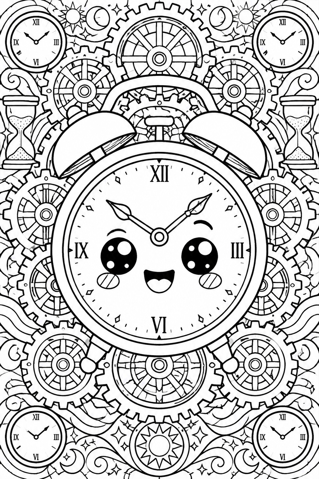 Cute cartoon alarm clock with face amid gears, clocks, and hourglasses in line art.