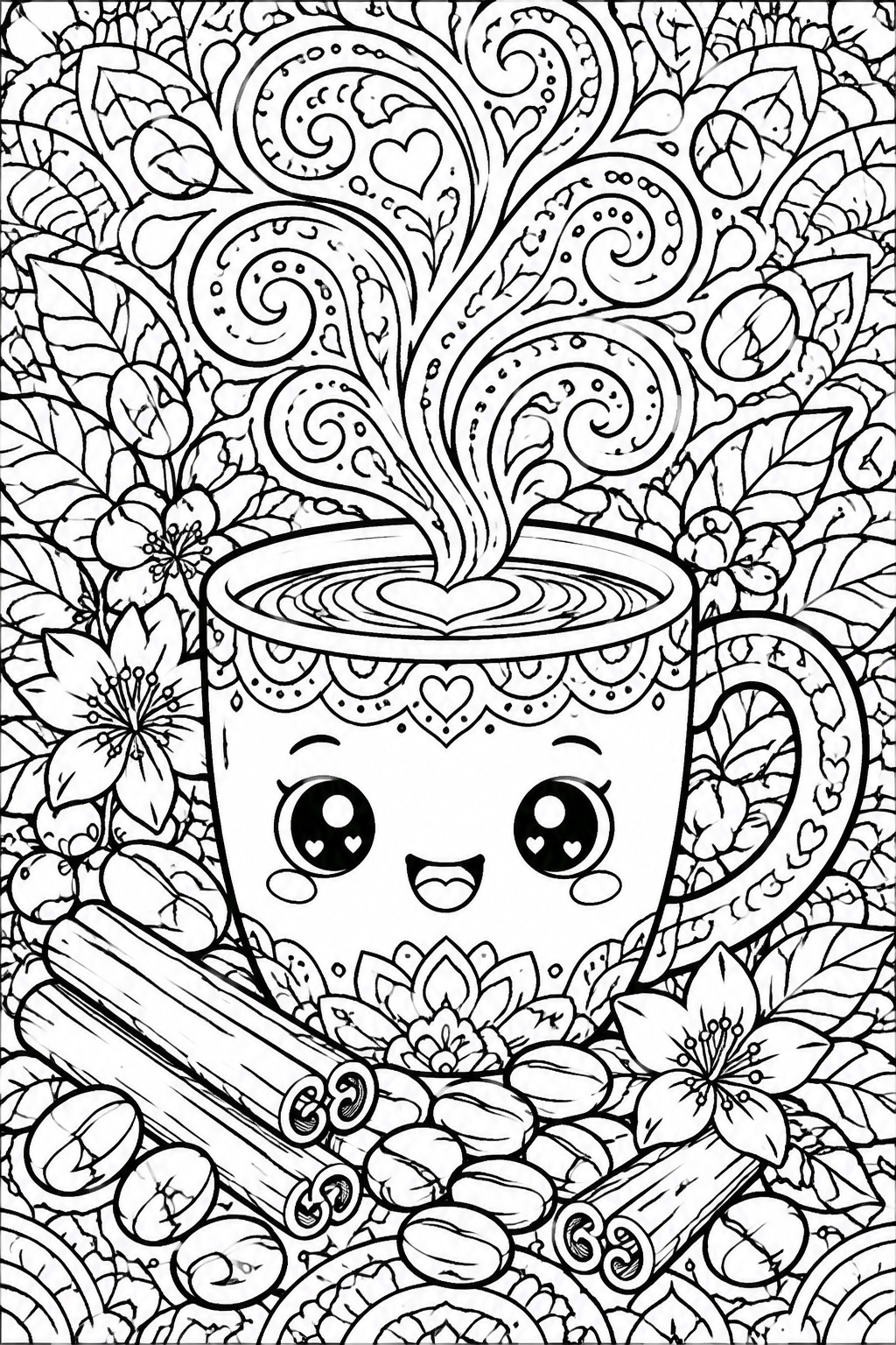 Cute cartoon coffee mug with face amid beans, cinnamon sticks, flowers, and swirling steam