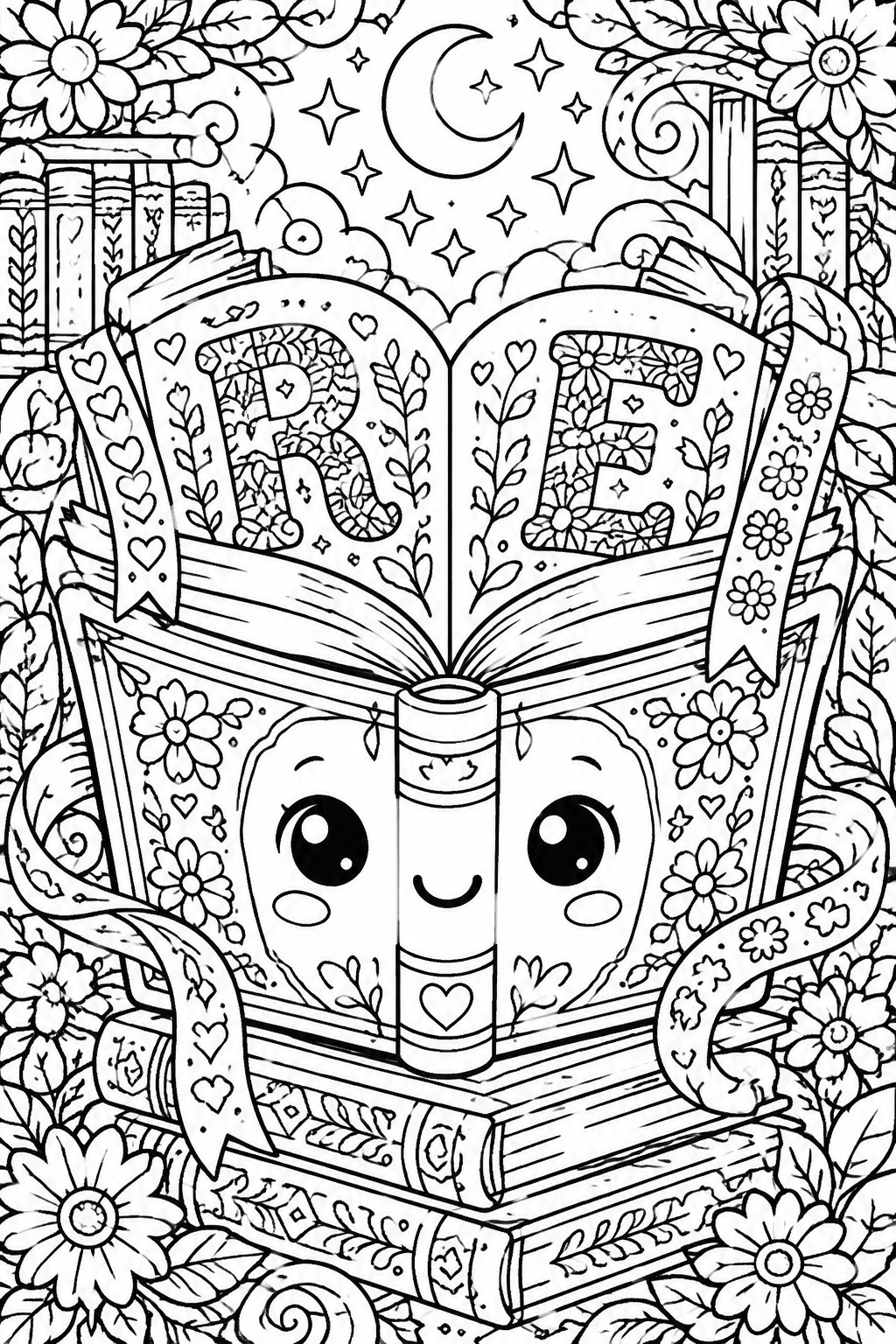 Cheerful open book character with smiling face amid flowers, stars and moon in line art