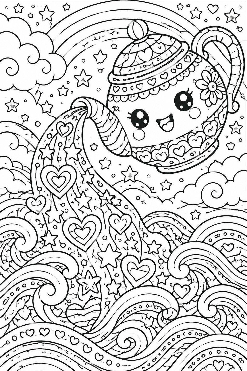 Black and white line art of a kawaii smiling planet in a hat with a long tail of hearts and stars, set against clouds and waves.