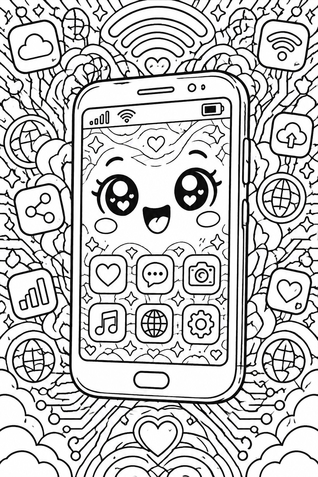 Cute cartoon smartphone with smiling face amid floating app icons and tech symbols in line art.