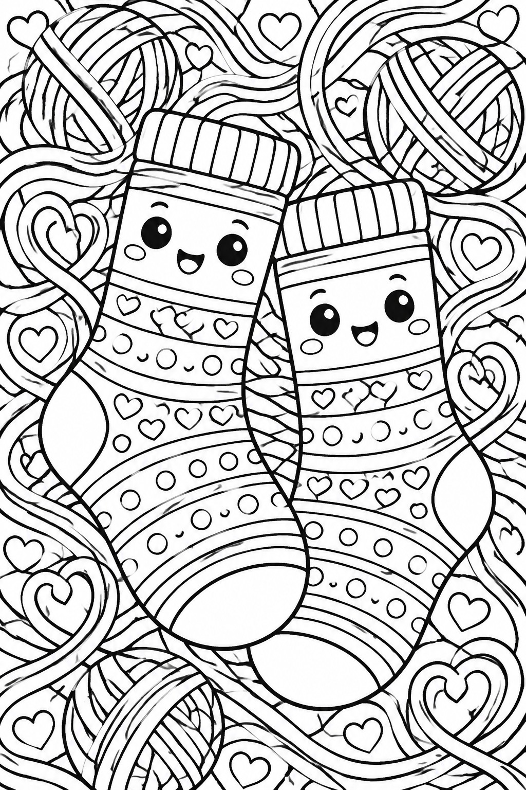 Two smiling cartoon socks with faces amid tangled yarn balls and hearts