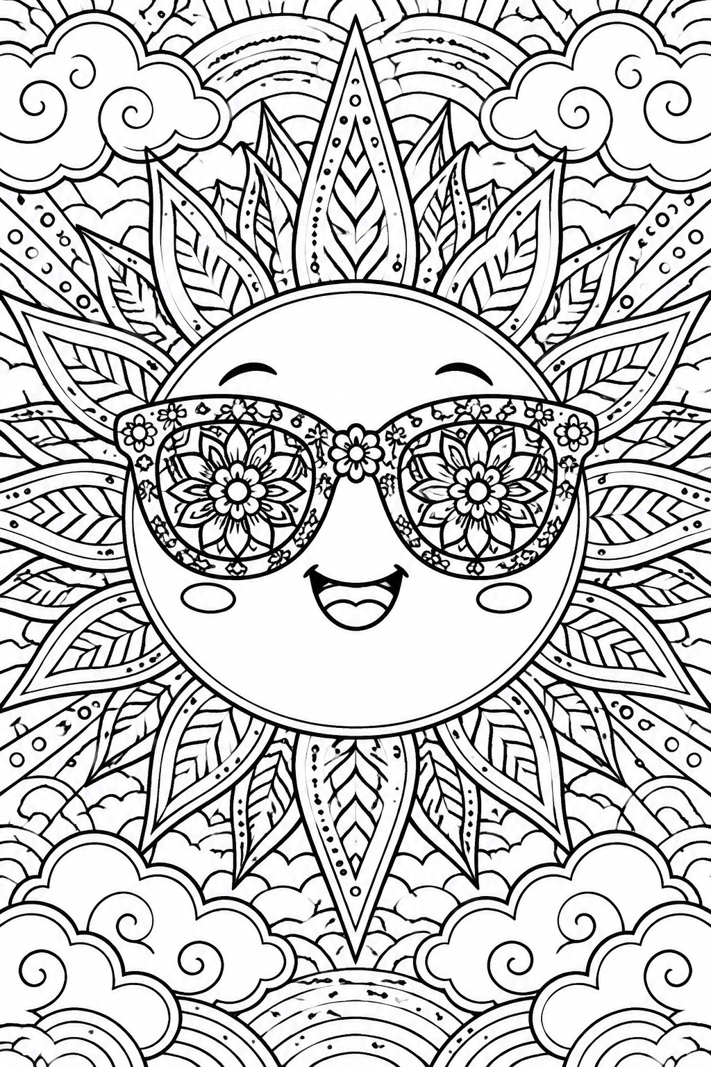 Smiling sun wearing floral sunglasses amid clouds, rainbows, and leafy rays in line art.