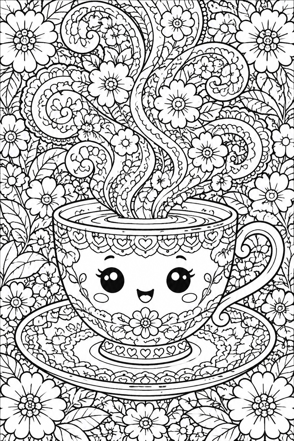Cute cartoon teacup with smiling face, steam swirls, and floral patterns.